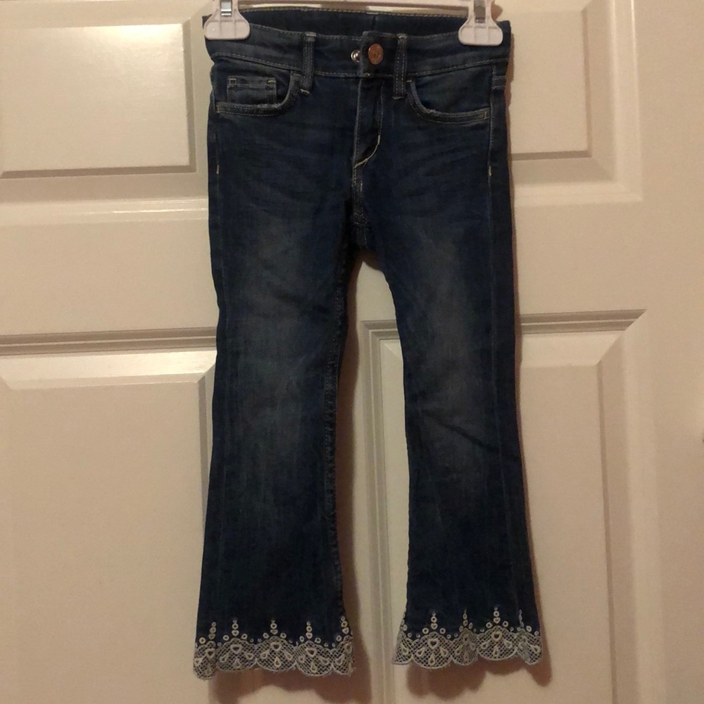&Denim girls jeans, bootcut, embroidered cuffs, zipper & snap front, size 2-3y
